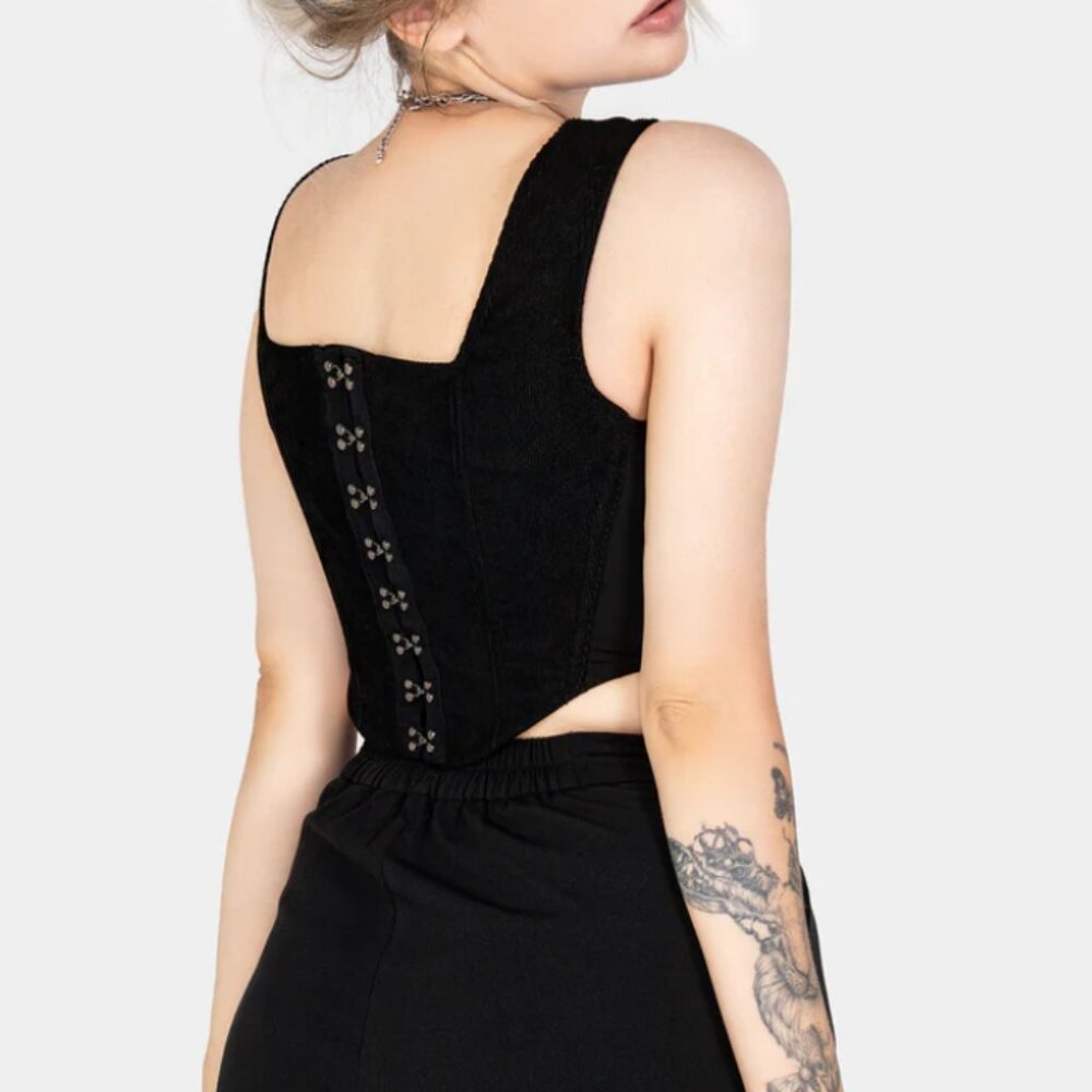 Disturbia Immortal Split Black Corset Skeleton Embroidered Crop Tank - Picture 2 of 5